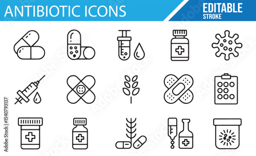 Set of antibiotic-related vector icons for pharmaceutical designs