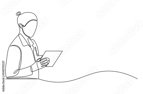 Continuous one line drawing of Healthcare with digital screen. Single line drawing illustration of Woman doctor healthcare. Medical online healthcare concept vector art. Doodle line illustration.