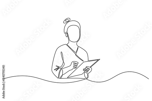 Continuous one line drawing of Healthcare with digital screen. Single line drawing illustration of Woman doctor healthcare. Medical online healthcare concept vector art. Doodle line illustration.