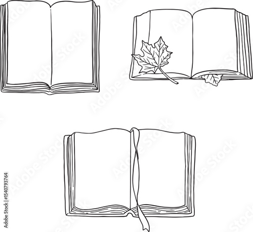 Hand-drawn open books, some accompanied by a quill pen and inkwell, and others featuring a maple leaf or bookmark. Ideal for themes of education, reading, storytelling, autumn, or vintage designs.