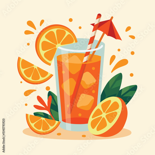 Colorful vector illustration of a refreshing orange juice in a glass with ice cubes, straw, and umbrella, surrounded by orange slices, leaves, and juice splashes