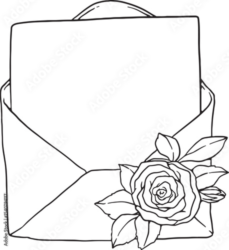 Hand-drawn open envelope with a blank card, adorned with elegant roses and leaves. Perfect for wedding invitations, greeting cards, love letters, or any romantic and decorative communication theme.
