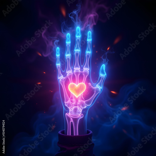 Glowing Skeletal Hand with a Heart on a Dark Smoky Background