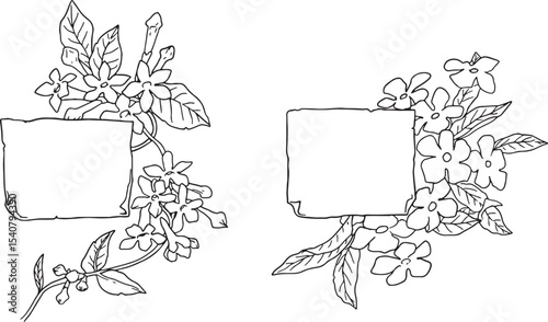 Hand-drawn floral frames with blank paper inserts, perfect for natural, botanical, or romantic designs. Ideal for invitations, labels, notes, or decorative elements, featuring delicate blossoms.