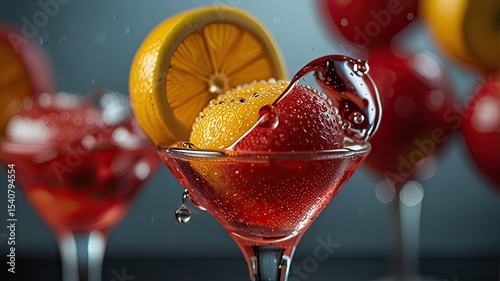 Cocktails with fruits and splashes on a dark background.