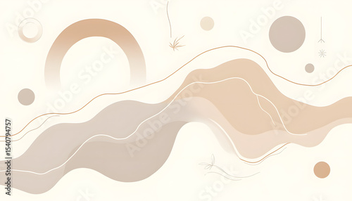 Abstract Beige and White Background with Geometric Shapes and Wavy Lines