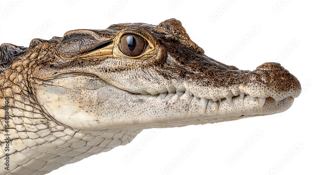 Fototapeta premium Close up of a caiman head against a white background.