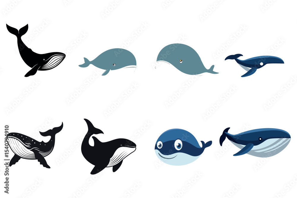Fototapeta Cute Cartoon Whales in Various Sizes and Shades