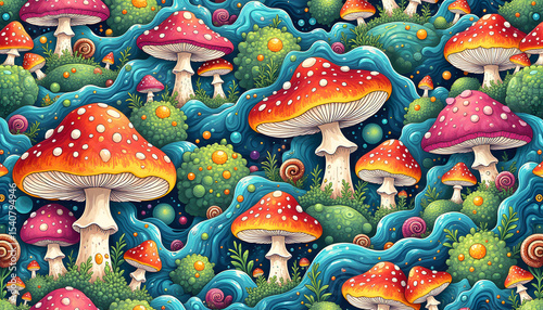 Whimsical Mushroom Forest with Flowing Water and Snail Shells Illustration