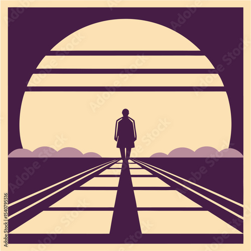 Silhouette of a businessman walking on a wooden path toward light and success
