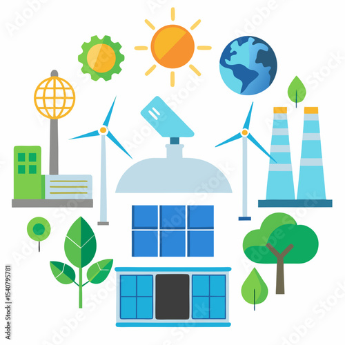 Flat vector illustration of clean energy sources such as solar panels, wind turbines, hydroelectric dam, geothermal and biomass in modern eco-friendly style.