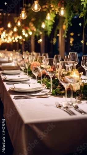 Elegant dinner table with fine dining, floral arrangements, and soft lighting at a restaurant