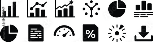 Monochrome Business Charts and Analytics Icon Set – Vector Data Graphs, Pie Charts, Percentages, and Financial Metrics for Business and Marketing Designs