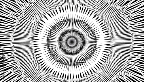 Hypnotic Black and White Optical Illusion with Radial Lines and Circular Pattern