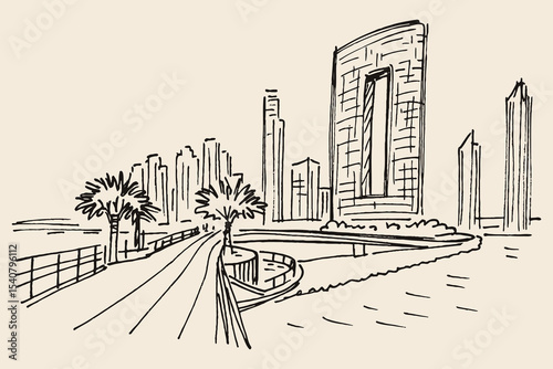 Dubai promenade with skyline sketch vector illustration
