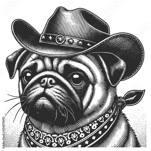 Cowboy Pug Dog with Hat and Bandana Vector Illustration