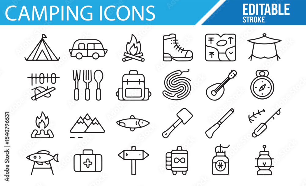 Fototapeta premium Vector camping icons for outdoor adventure and travel designs