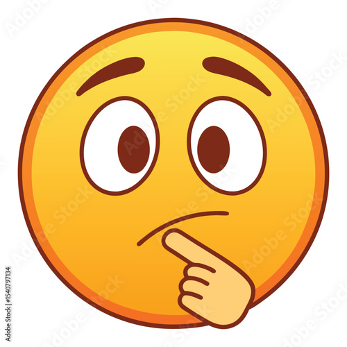 Pondering Face Emoji Yellow Emoticon with Finger on Chin, Thoughtful Expression