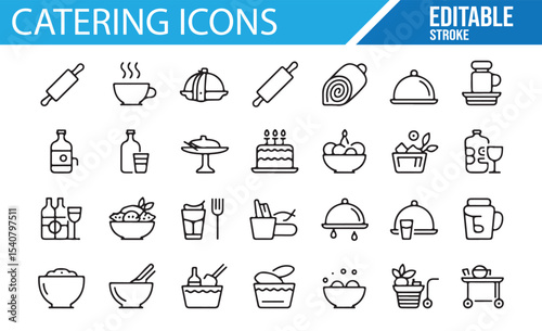Editable vector icons of catering essentials for restaurant menus