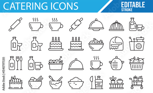 Collection of cake, drink, and utensil icons for catering designs