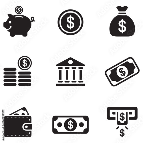 Finance Icons Set Banking Money Piggy Bank Wallet Cash Savings Dollar Currency Symbols