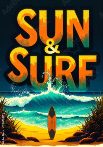 Sun and surf grafic surf-style poster, costal ocean landscape