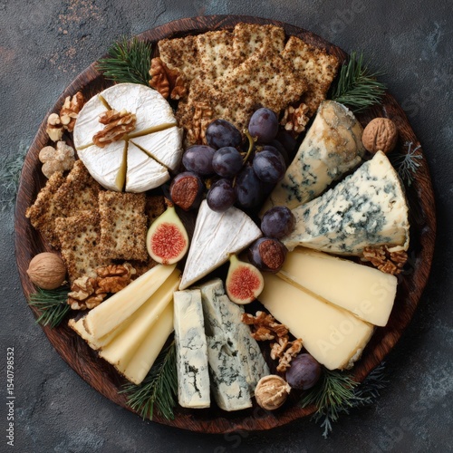 Top view of a cheese platter featuring blue cheese and brie, adorned with figs, grapes, nuts, and crackers, perfect for a festive Christmas or New Year's celebration on a dark grey background.