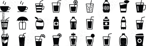 Monochrome Drink and Beverage Icon Set – Vector Illustrations of Coffee, Soda, Smoothie, Juice, Soft Drinks, and Refreshing Beverages for Food and Drink Designs