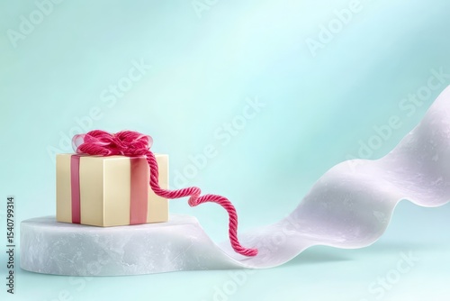 Gift box with pink ribbon on marble platform and flowing fabric