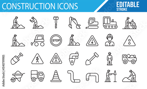 Construction tools and worker icons for industrial design