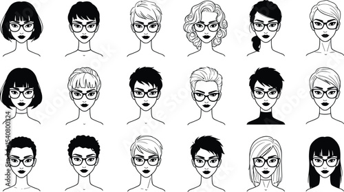 Diverse Collection of Stylish Women with Glasses: Various Hairstyles and Face Shapes Depicted in Trendy Eyewear, Ideal for Optician, Fashion, and Beauty Themes