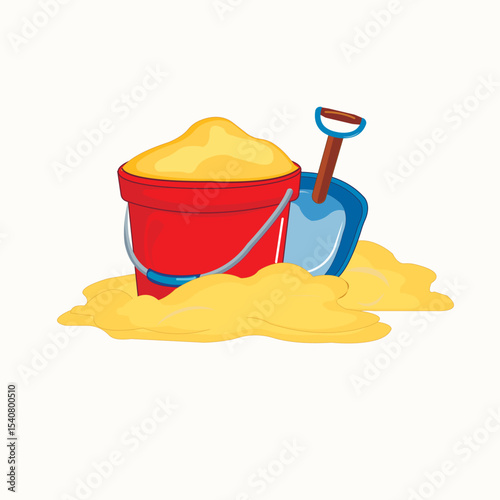 sand play set, bucket and shovel in a pile of sand