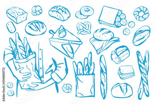 Hand drawn set of different types of bread. Sketch style bakery products