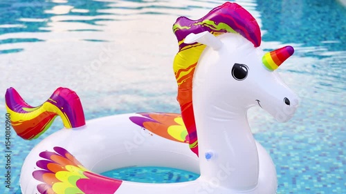A large white inflatable unicorn with a colorful rainbow mane and tail floats in a bright blue swimming pool, ready for summer fun.
