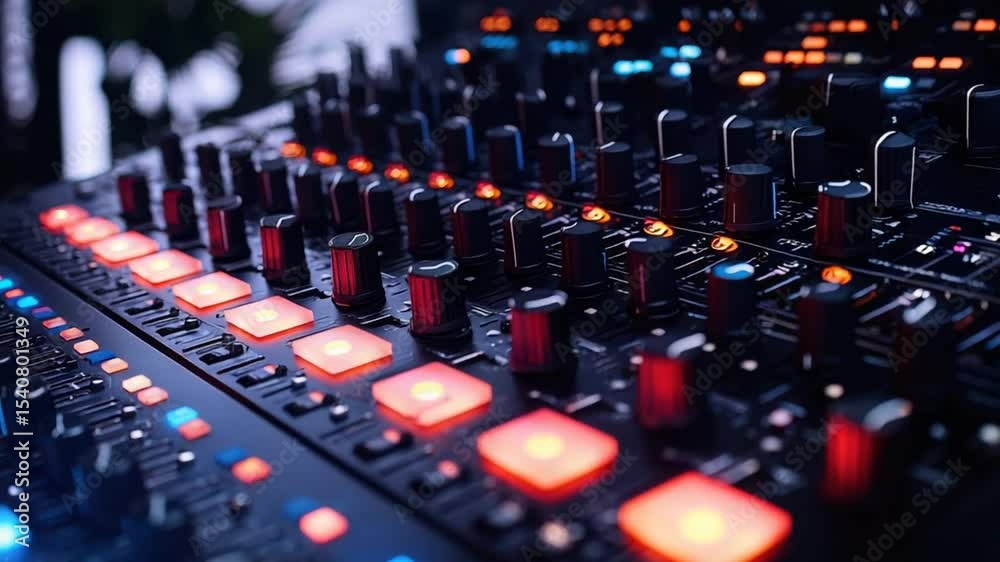 Close-up of a professional audio mixing console with illuminated controls