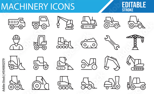 Excavator, crane, and bulldozer icons for engineering work