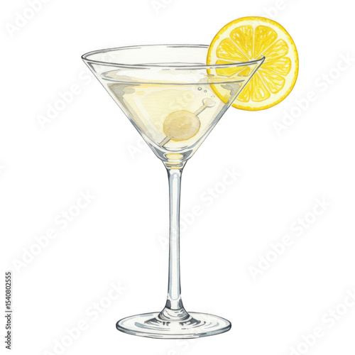 Martini cocktail with olive and lemon slice in a glass isolated on transparent background