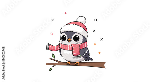 A Cute Bird Wearing a Winter Hat and Scarf Perched on Branch