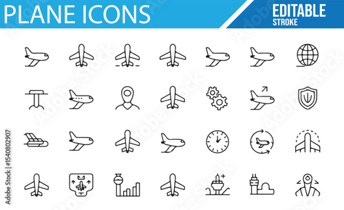 Icons of planes, airports, and travel elements, ideal for air travel and aviation projects.