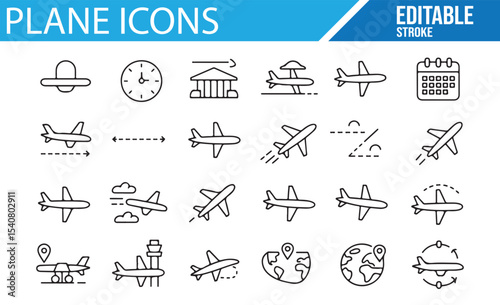 Collection of airplane icons, including flight-related symbols, airport designs, and aviation-related elements.