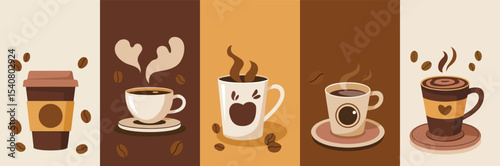 Set of 5 Coffee Cups and Takeaway Coffee Brown Beige Cream Colors International Coffee Day