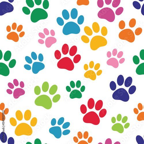 Colorful dog paw prints flat doddle seamless pattern, pets cat and dog animal paw print theme background