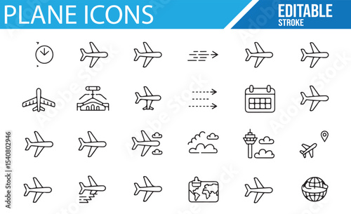 Simple and modern airplane icons depicting flight paths, airports, and travel-related symbols.