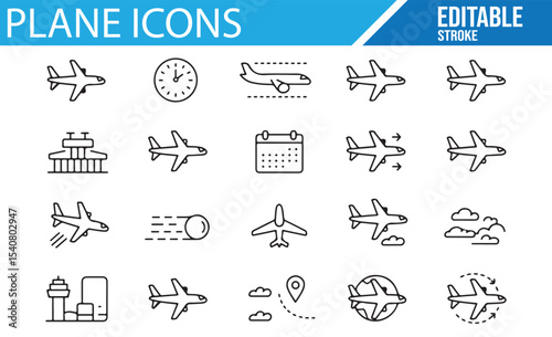Flat design airplane icons, including flying planes, clouds, and transportation-related imagery.