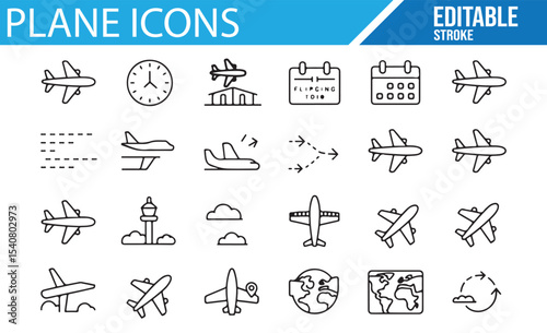 Line art vector icons showing various airplane types, departure, and arrival symbols for aviation use.