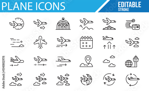 Minimalistic airplane icons suitable for travel, aviation, and flight-related themes in vector style.