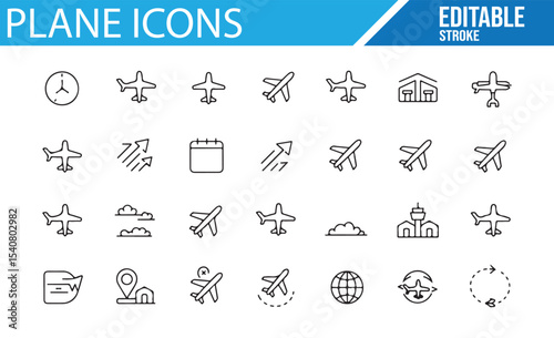 Set of plane icons depicting various airplane types, airports, flight schedules, and travel symbols.