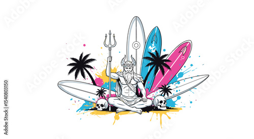 Surf Neptune God of the Sea with Trident and Surfboards Vector Illustration