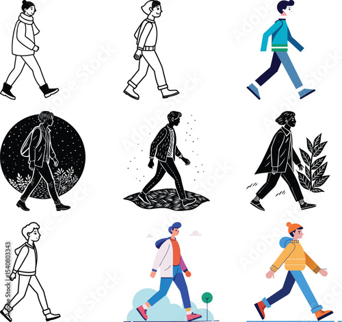Various Walking Styles Illustration: A collection of diverse illustrations depicts individuals in various walking poses, offering a versatile visual resource.