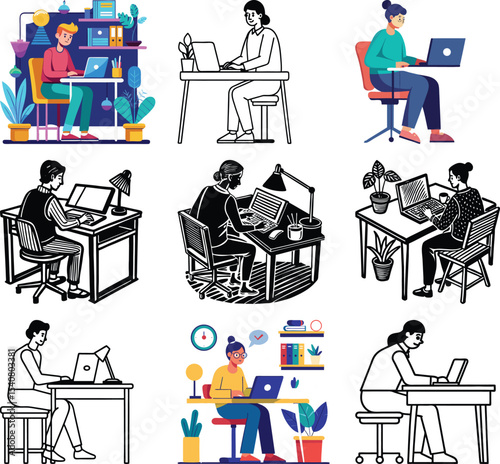 Work from Home Illustration Collection: A compilation of various illustrations showcasing individuals engaged in work activities from the comfort of their own residences.